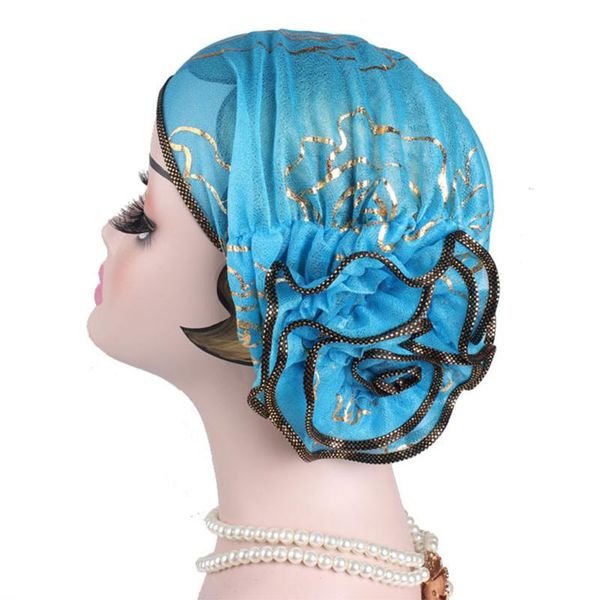 

stamping elastic large flower lightweight turban fashion hood elegant gifts chemo cap print muslim beanie women hats, Blue;gray