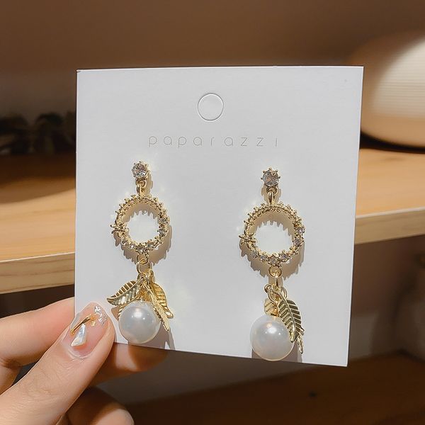 

dangle & chandelier korean fashion jewelry pearl metal leaf earrings female shiny long literary lady simple for woamn, Silver