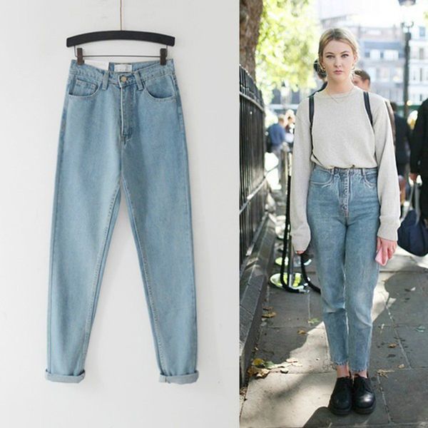 

women's jeans 2021 vintage washed boyfriend high waist cotton loose coated woman plus size street style elastic denim pants, Blue