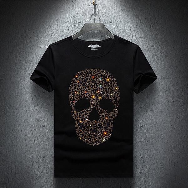 

Januarysnow Fashion Designer Summer Top Mens Skulls Rhinestones T Shirts Modal Cotton O Neck Short Sleeve Slim Tee Shirt Free Shipping