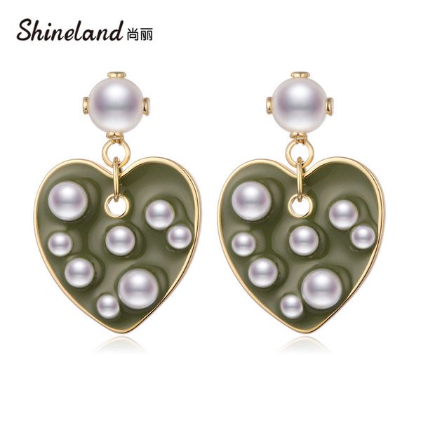 

dangle & chandelier shineland fashion heart green pink enamel simulated pearl drop earrings women elegant jewelry statement love bijoux gift, Silver