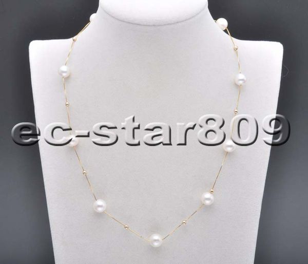 

d0237 ++ 18" 9mm white & black round akoya pearl 14k solid gold chain, Silver