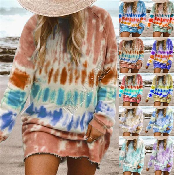 

women clothing plus size dress tie dyed blouse hoodies dresses color gradient long sleeved knee length skirt long t-shirt overalls d9801, White