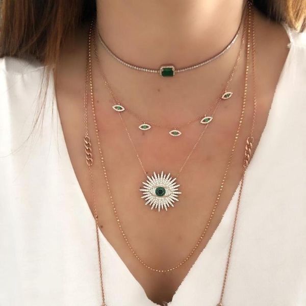 

pendant necklaces sparking bling green black color 5a cz lucky turkish evil eye geometry sun flower shape classic women jewelry, Silver