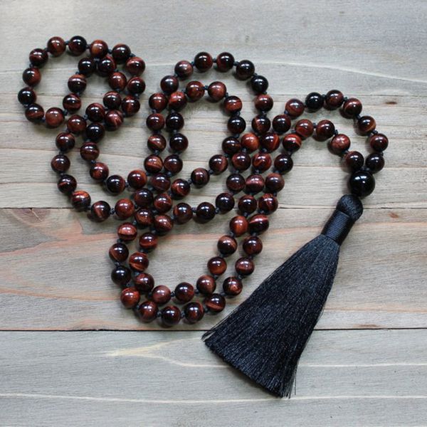 

chains red tigers eye necklace luxury jewelry 108 mala beads with black tassel hand knotted necklaces yoga gift for men, Silver