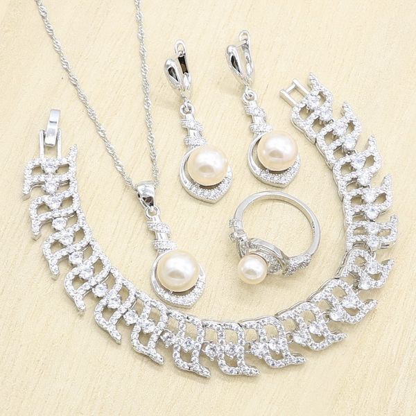 

exquisite pink pearl silver color jewelry sets for women party bracelet necklace pendant earrings ring wedding birthday gift