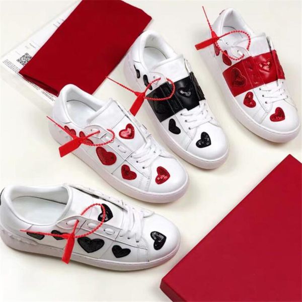 

heart bling sneakers women genuine leather flats leisure all seasons lace-up shoes slip-on zapatos de mujer round toe flat shoes, Black