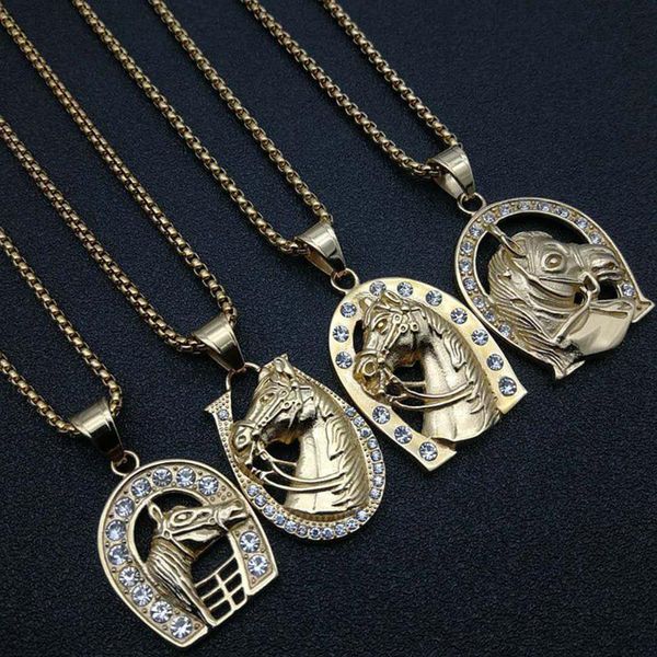 

stainless steel hip hop crystal horseshoe pendant necklace animal horse jewelry gift with 60cm chain, Silver
