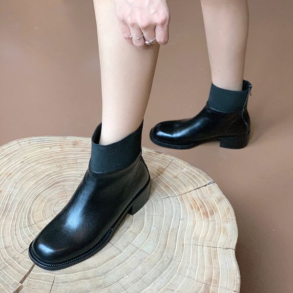 

eshtonshero boots female 2020 autumn new genuine leather women boots zipper round toe med heel winter women shoes size 3-9, Black
