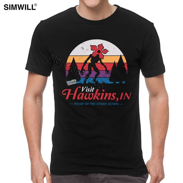 

винтажная посещения hawkins футболки мужчин летний streetwear хлопок tshirt коротким рукавом демогоргон тройники странные вещи tv t-shirt
