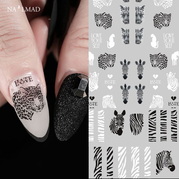 Adesivi Decalcomanie 1 Foglio Leone Zebra Nail Sticker Leopard Art Decorazioni adesive Motivo animale