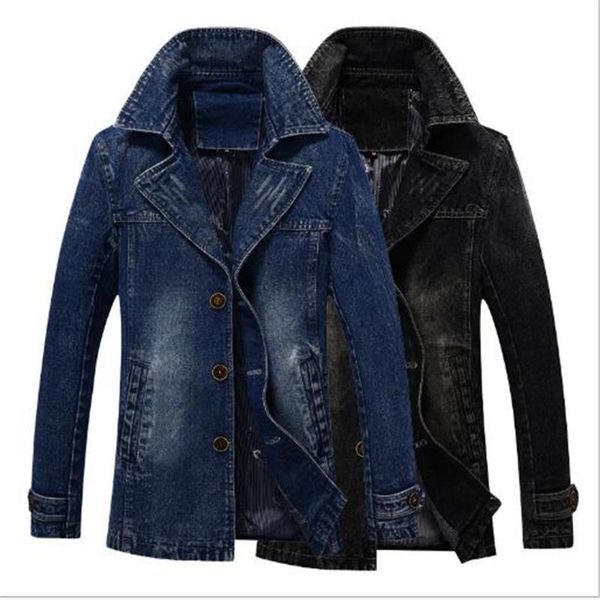 

spring and autumn new men's lapel mid-length denim jacket large size casual all-match jackets windbreaker clothes coat, Black;brown