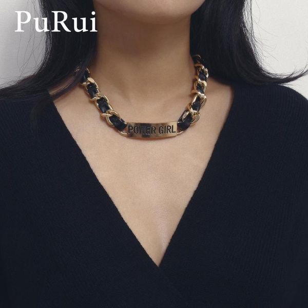 

punk power girl letter necklace for women leather cuban link chain choker necklace collar statement hiphop jewelry, Golden;silver