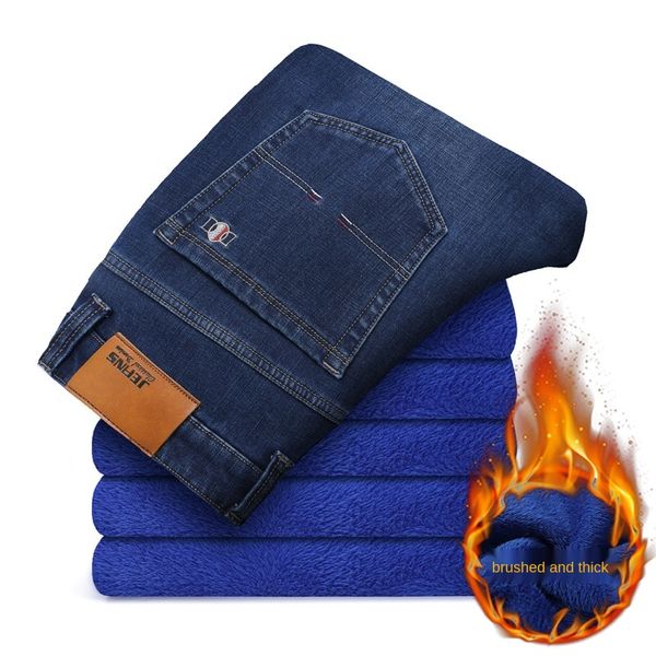 

men's jeans 2021 winter warm regular fit business fashion thick fleece denim stretch jean trousers male brand pants black, Blue