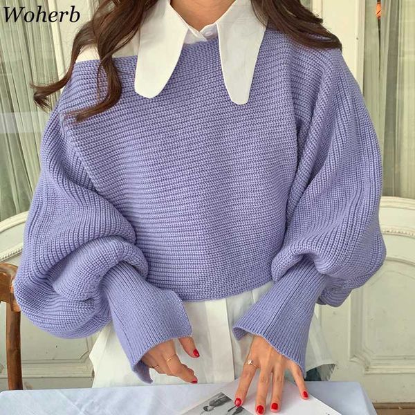 

woherb sweaters for women fall 2020 crop vintage chic short lantern pullovers weater+loose long white shirt 2 piece set, White;black