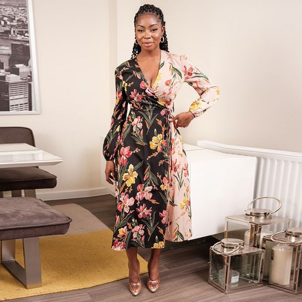 

womens designer dress long sleeve v neck flora printed dresses panelled fashion casual midi dress, Black;gray
