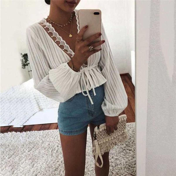 

fashion lady casual women white solid chiffon lace up v-neck long sleeve short lace lantern sleeve blouse