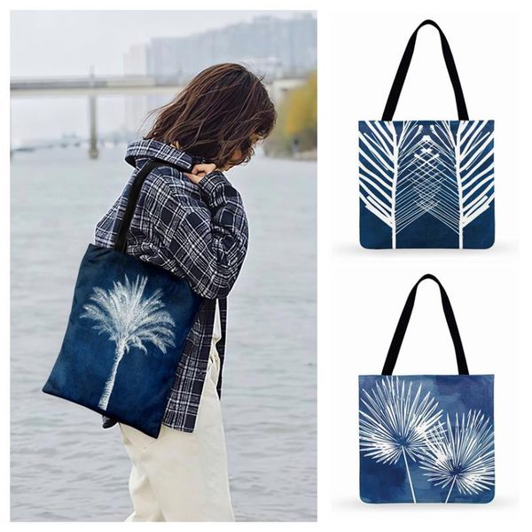 

scandinavian blue leaves print tote bag for women casual tote ladies shoulder bag outdoor beach foldable shopping