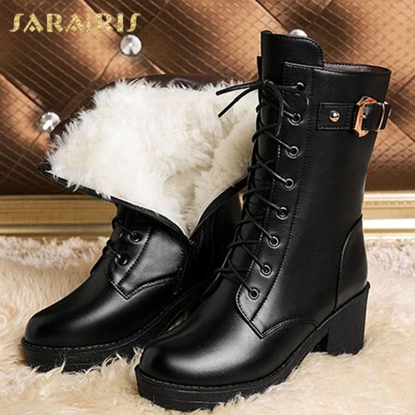 

sarairis 2020 new fashion snow boots women shoes sole wool lining platform winter boots genuine cow leather comfy rubber female, Black