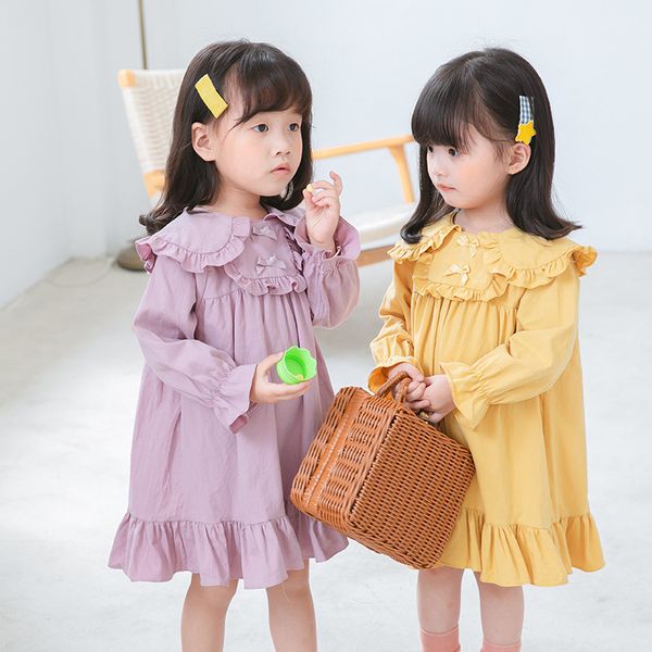 

2020 autumn ruffles girl's long-sleeved dress western style girl's autumn doll collar bow girls' princess dress, Red;yellow