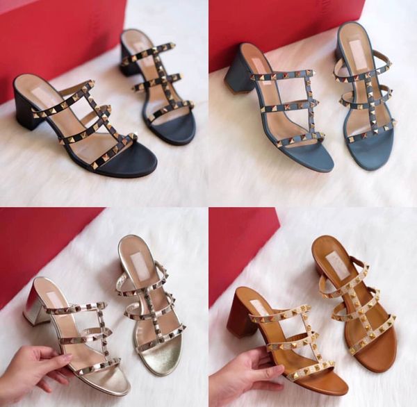 

r women's rock studs slipper sandals chunky heels lady girls casual walking nice beach slides sandalias eu35-43 ing, Black