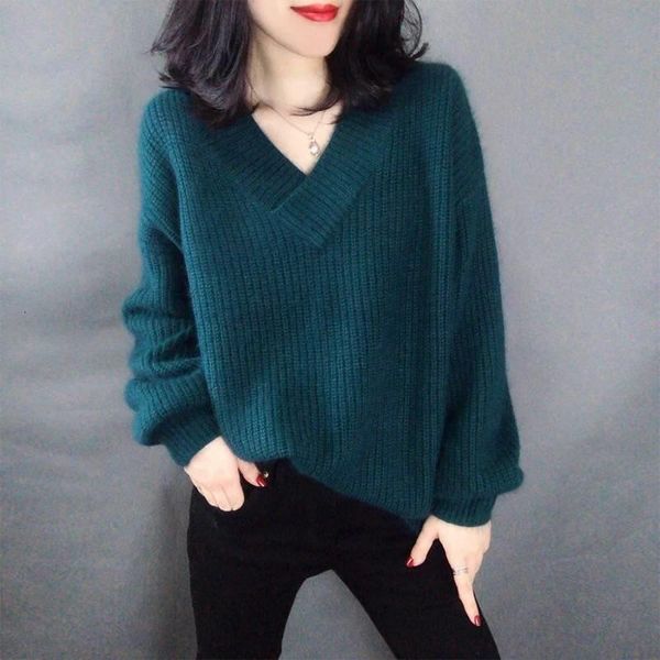 

0.5 oversized thick spring autumn knitted women sweater v-neck mohair lantern sleeve solid color pullovers plus size max weight, White;black