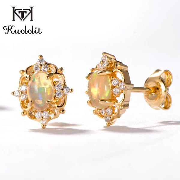 

kuololit natural opal gemstone stud earrings for women 925 sterling silver yellow color fire stone earrings wedding fine jewerly, Golden;silver