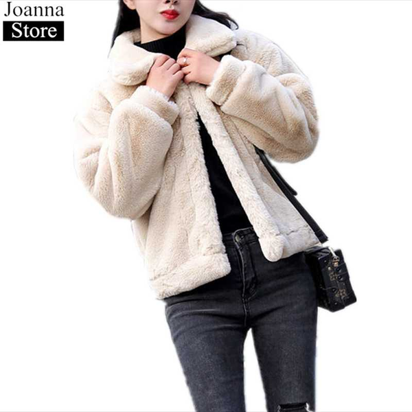 

winter women fake fur faux coat short jacket plus size fur lapel coats women short plush thick jacket korean style fashion coat, Black
