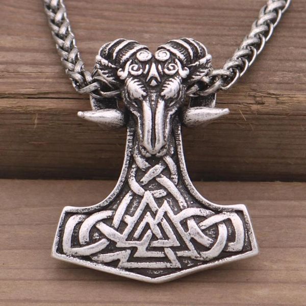 

nostalgia norse wiccan ram with valknut symbol amulet thor hammer wicca witchcraft goat viking mjolnir pendant necklace talisman, Silver