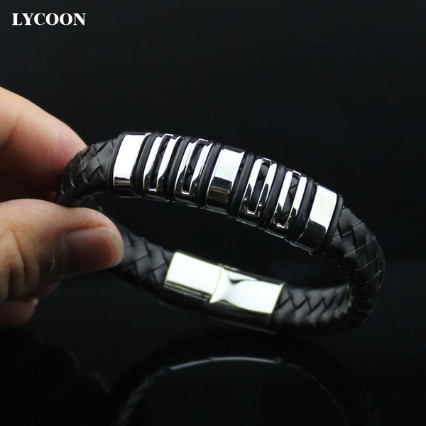 

bangle lycoon fashion braided genuine leather bracelets stainless steel magnet buckle and beads punk style for men, Black