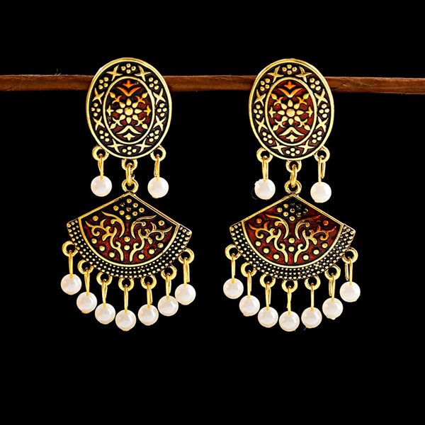 

anqi women's boho vintage earrings 2020 ethnic flower carved fashion pearl dangle earrings gypsy tribe jewelry gifts, Silver