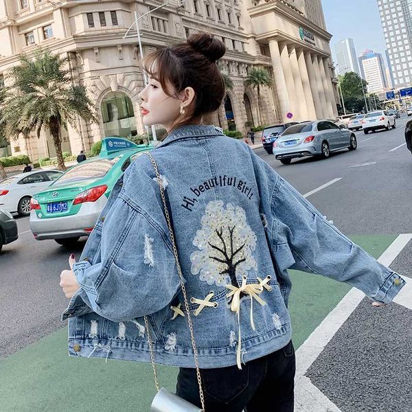 

plus size letters embroidery flower sequins loose short women's denim jacket spring female lace-up casual jean jacket basic coat, Black;brown