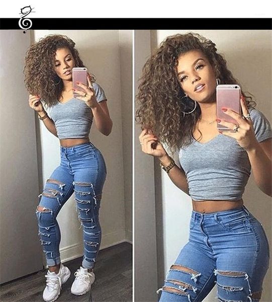 

fashion womens clothing women hole designer jeans skinny high waist blue ladies pencil pants streetwear
