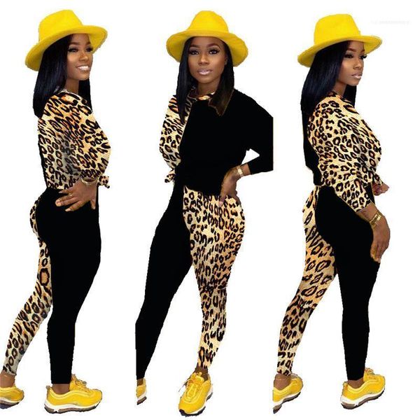 

leopard print women 2pcs pants contrast color panelled female sports set outfits autumn womens apparel, White