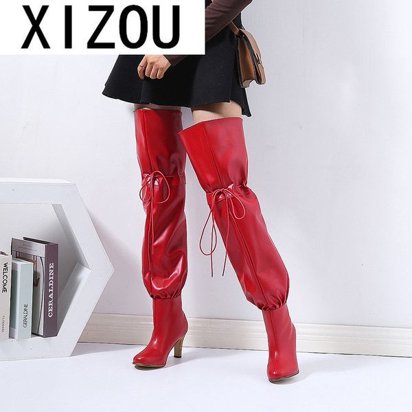 

2020 new winter women's boots fashion lace-up long tube boots comfortable round toe high-heeled pu over-the-knee women's, Black