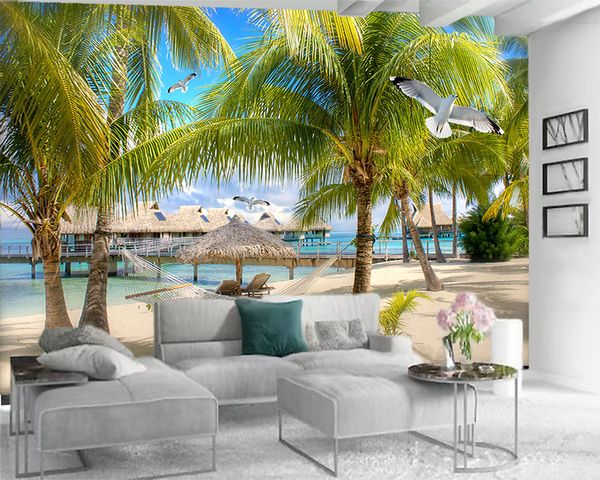 

3d mural wallpaper 3d wall painting wallpaper romantic beach hanging basket romantic scenery decorative silk 3d wallpaper