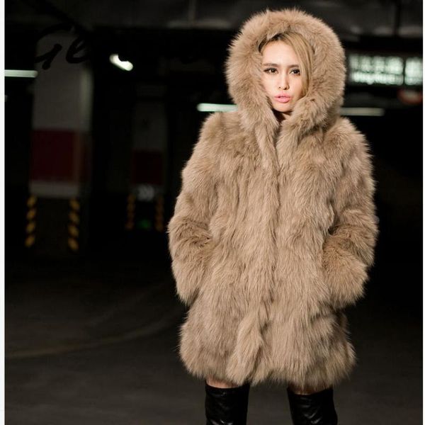 

2020 autumn and winter new faux fur hooded coat women imitation hawk fur coat jacket thicker warm, Black