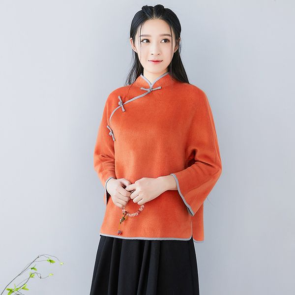 

traditional slant frog button stand collar flare sleeve women woolen coat, autumn winter orange red mid thick ladies wool jacket, Black