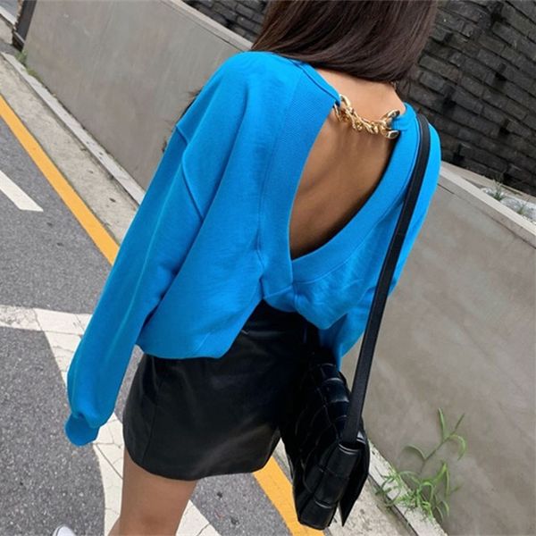 

korean dongdaemun internet celebrity fashion temperament loose design back cross metal chain stitching backless korean sweater sweaterdongda, Black