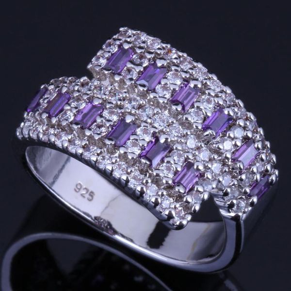 

superb purple cubic zirconia white cz silver plated ring v0670, Golden;silver