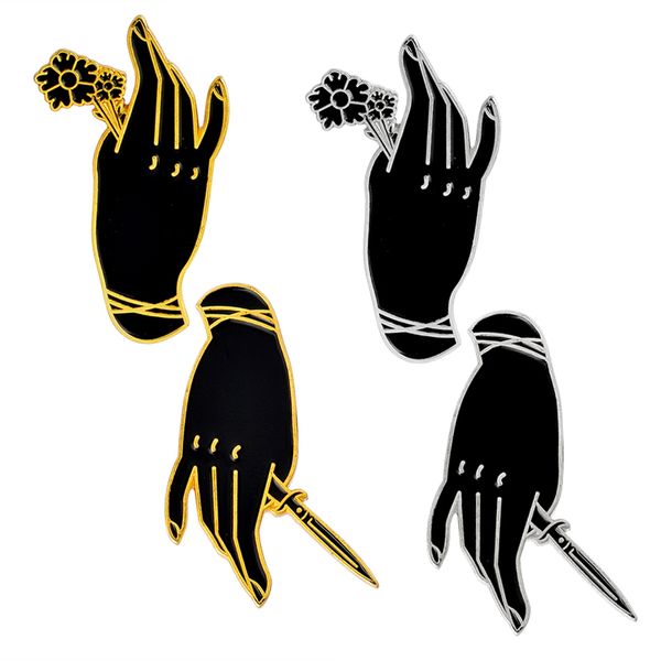 

1-4pcs black dark punk hands pins buckle enamel plants flowers brooch for women men friends jacket shirt pin badge, Gray