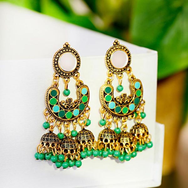 

dangle & chandelier anqi gypsy afghan tribe jewelry gold alloy jhumka beads tassel big bell drop earrings antique ethnic bijoux, Silver