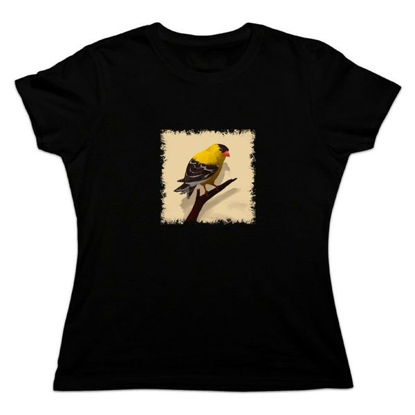 

goldfinch bird on tree limb women's novelty t-shirt printed tee shirt