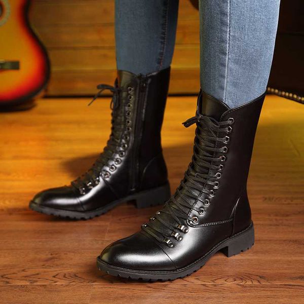 

italian brand designer mens luxury fashion high boots genuine leather shoes lace-up autumn winter long boot zapatos de hombre bota masculina, Black