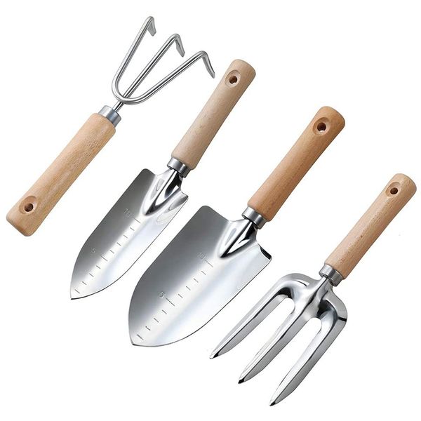 

garden tool set - 4 pieces heavy duty garden hand tools kit with wooden handle,quality gardening work set with stainless steel h