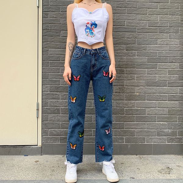 

streetwear high waist slim denim pants women zipper up cute butterfly embroidery jeans women casual straight pants joggers, Black;white