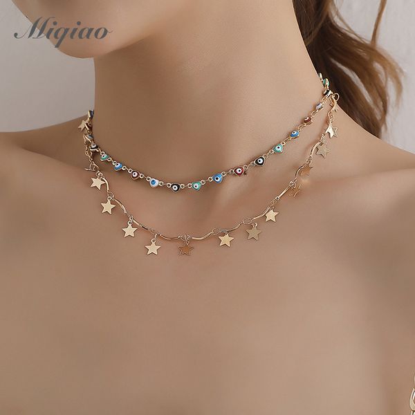 

miqiao aesthetic evil eye necklace for women pentagram chokers necklaces fashion jewelry link chain bff gifts emo collar atacado, Golden;silver