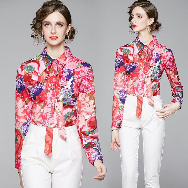 

new spring summer fall runway stylish floral print collar bow long sleeve womens party casual shirts blouse, White
