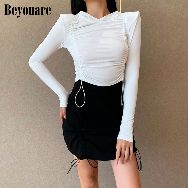 

women's hoodies & sweatshirts beyouare hooded for women long sleeve white casual drawstring ruched side cropped 2021 cotton autumn, Black