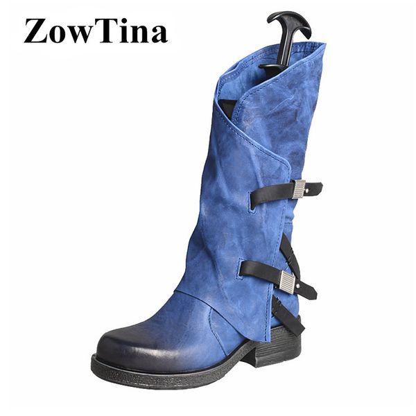 

handmade women blue motorcycle boots real leather winter red riding botas mujer double strap buckle flats knight botines femme, Black